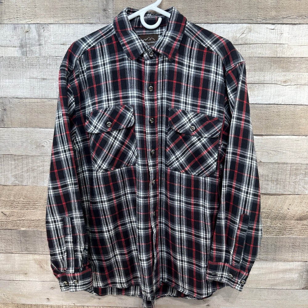 Mountain Ridge Mens Flannel Shirt Black Red‎ White Plaid Button Up XL